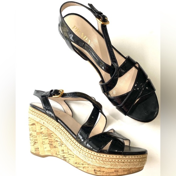 PRADA Womens 38/8 Strappy Slingback Black Patent Leather Platform Wedge - Picture 1 of 6